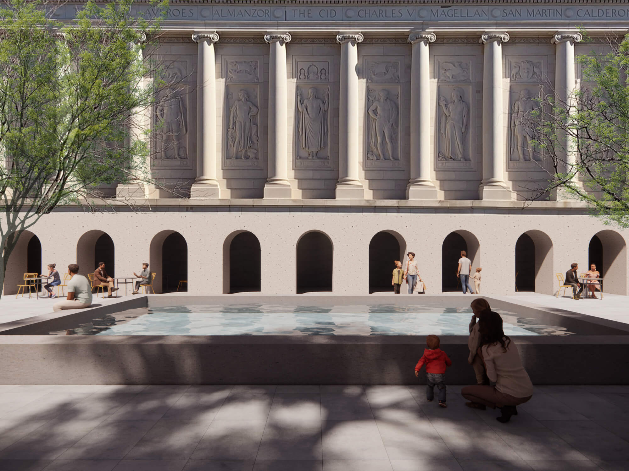 Large courtyard with square pool in the middle