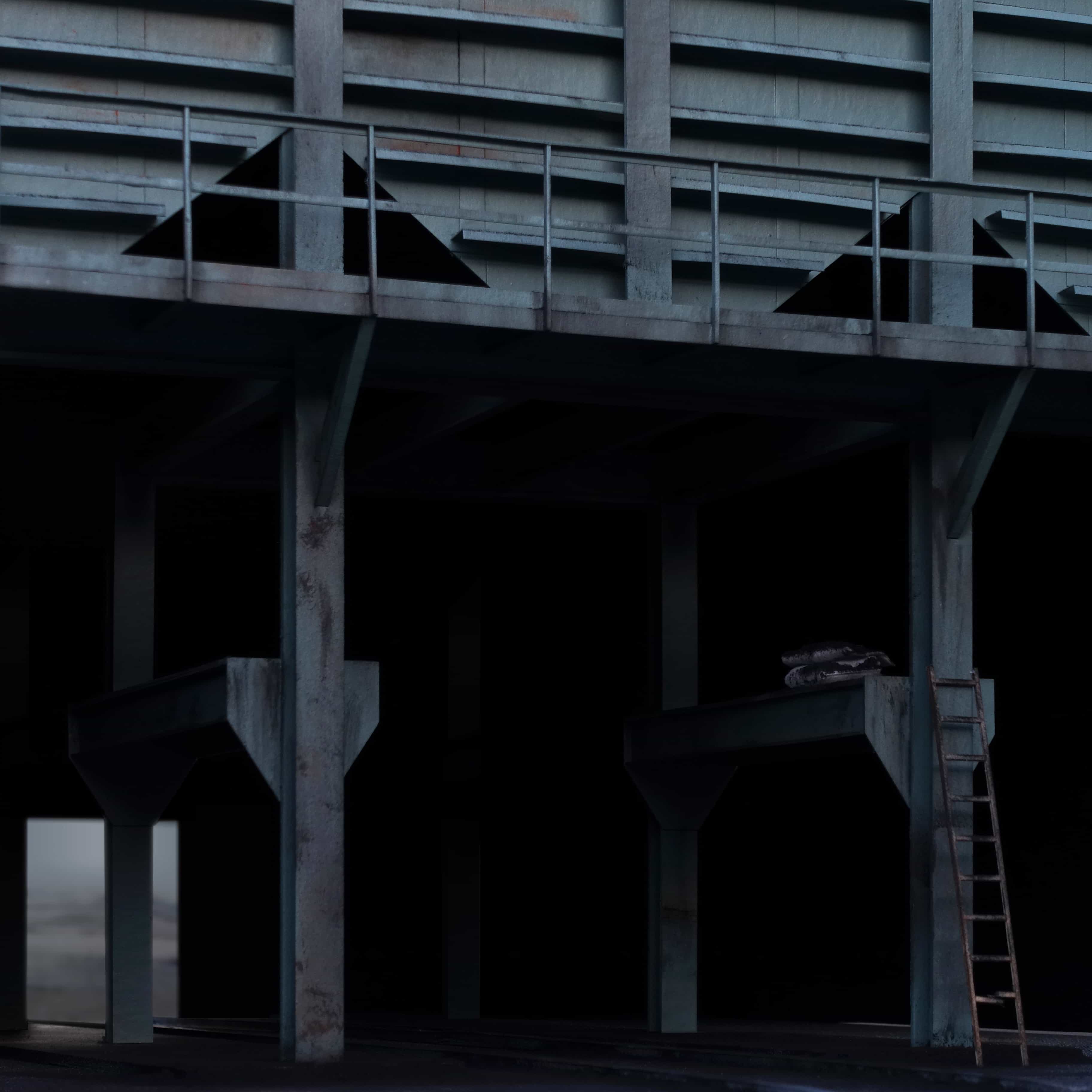 A large metal facade supported with two metal beams