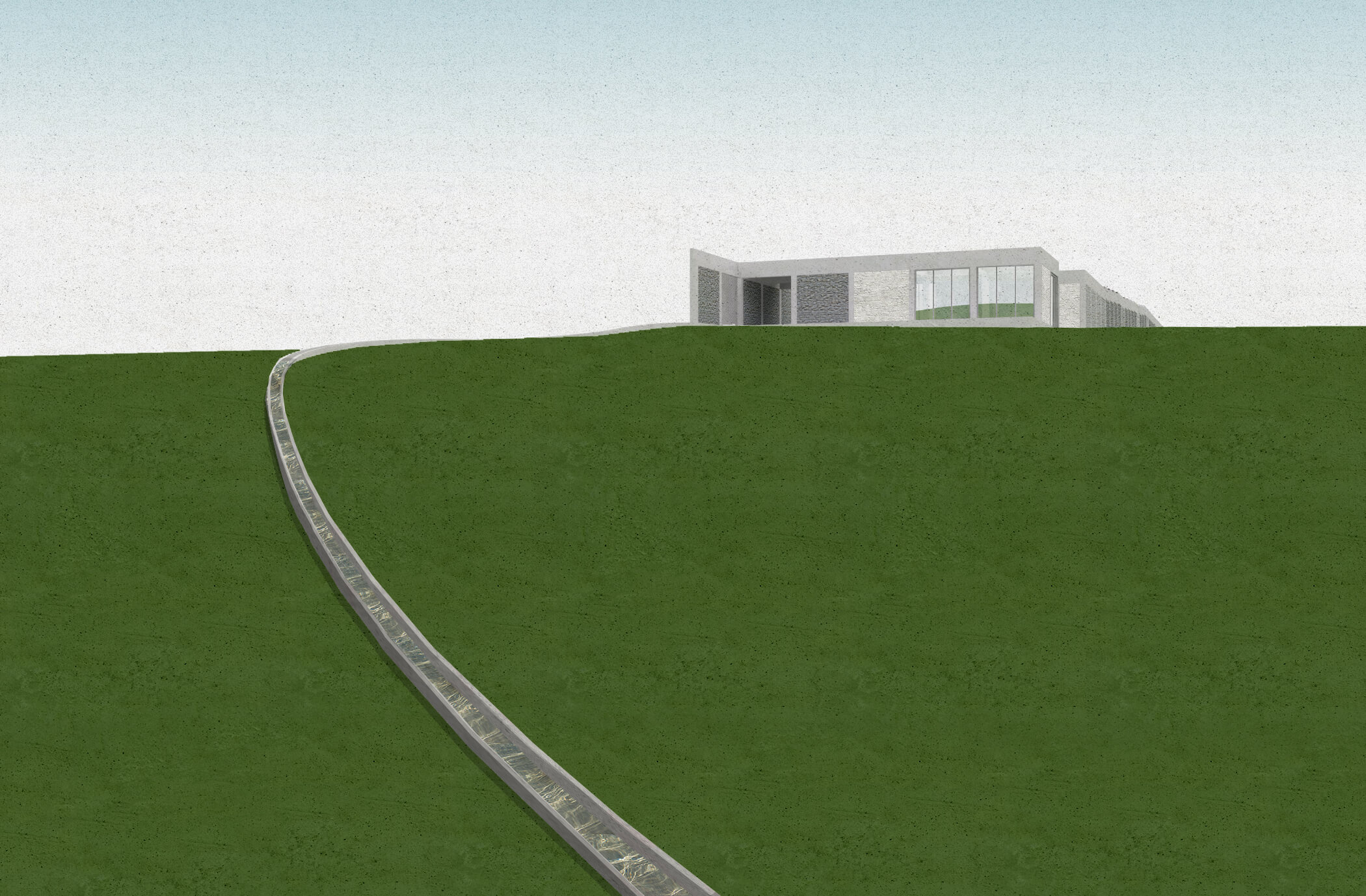 A large empty field with a skinny water tunnel flowing above ground from a travellers lodge